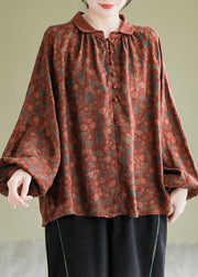 Art Red Peter Pan Collar Print Top Lantern Sleeve