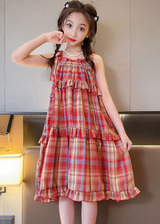 Art Red Plaid Ruffled Bow Patchwork Cotton Kids Girls Dresses Summer