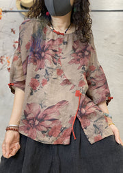 Art Red Print Asymmetrical Oriental Button Linen Shirt Top Half Sleeve