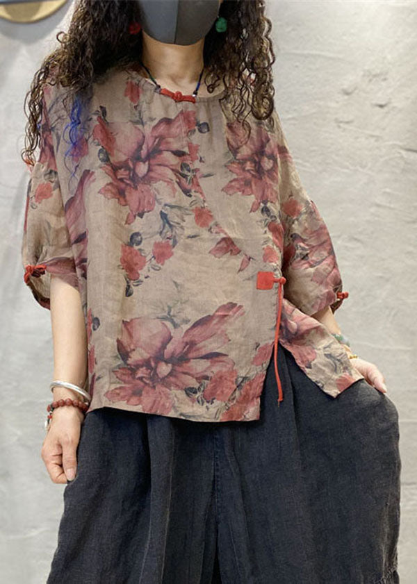 Art Red Print Asymmetrical Oriental Button Linen Shirt Top Half Sleeve