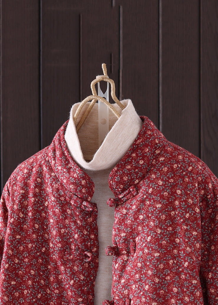 Art Red Print Button Pockets Thick Coat Winter