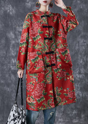 Art Red Print Chinese Button Fine Cotton Filled Coat Winter