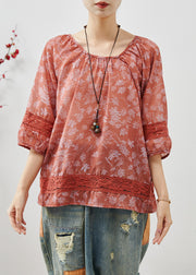 Art Red Print Patchwork Lace Cotton Shirt Summer