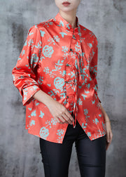 Art Red Print Silk Blouses Asymmetrical Tasseled Spring