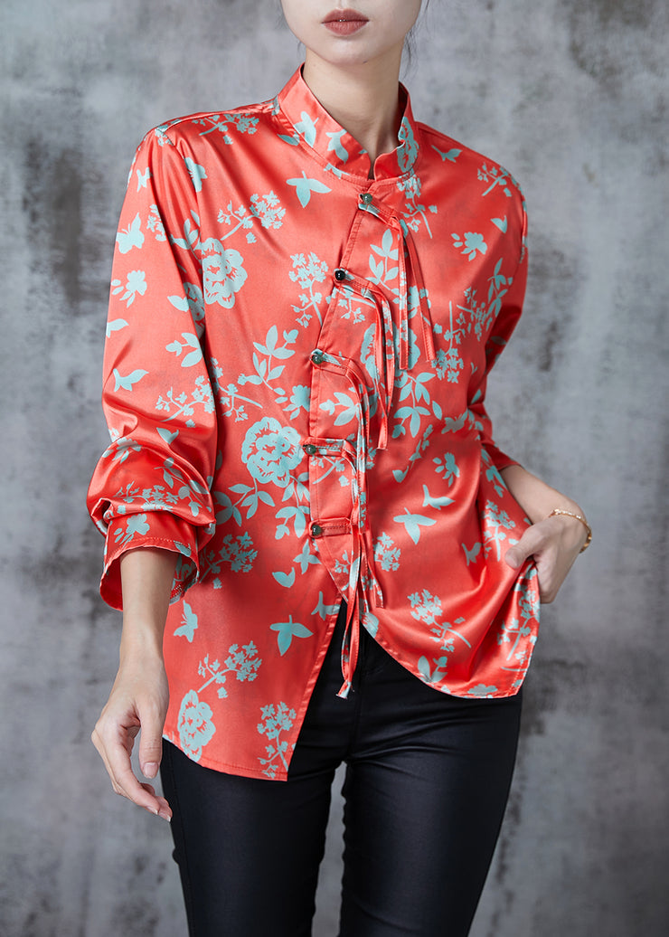 Art Red Print Silk Blouses Asymmetrical Tasseled Spring