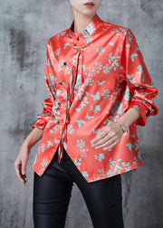 Art Red Print Silk Blouses Asymmetrical Tasseled Spring