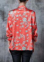 Art Red Print Silk Blouses Asymmetrical Tasseled Fall