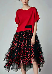 Art Red Print Tulle Patchwork Long Dresses Short Sleeve