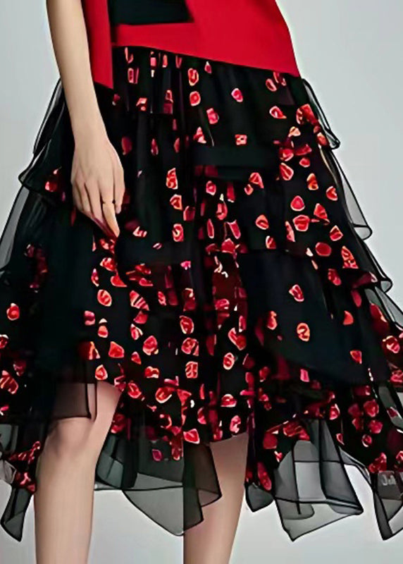 Art Red Print Tulle Patchwork Long Dresses Short Sleeve