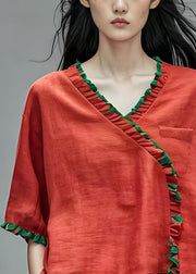 Art Red Ruffled Asymmetrical Patchwork Cotton Blouses Summer