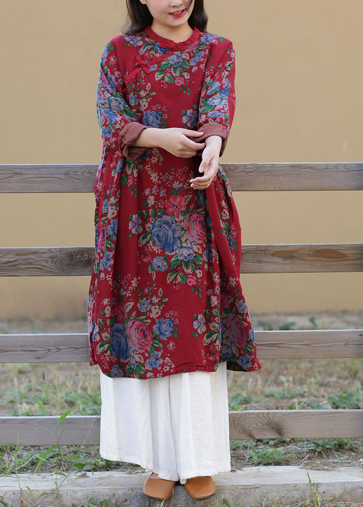 Art Red Stand Collar Print Oriental Button Cotton Long Dress Spring