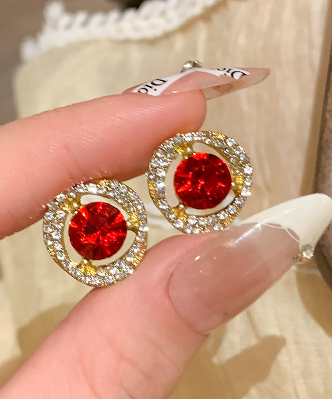 Art Red Sterling Silver Alloy Zircon Crystal Stud Earrings