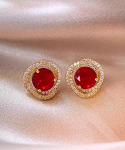 Art Red Sterling Silver Alloy Zircon Crystal Stud Earrings