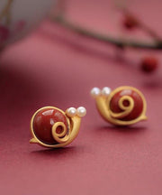 Art Red Sterling Silver Ancient Gold Pearl Agate Stud Earrings