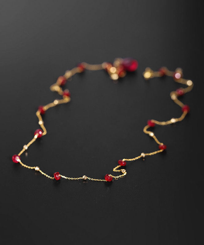 Art Red Sterling Silver Overgild Gem Stone Tassel Princess Necklace