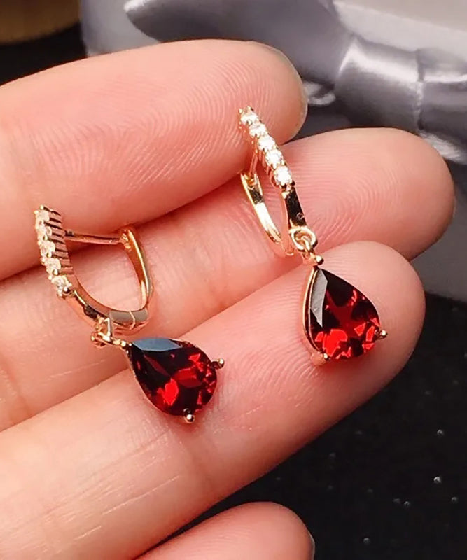 Art Red Sterling Silver Overgild Inlaid Gem Stone Zircon Drop Earrings