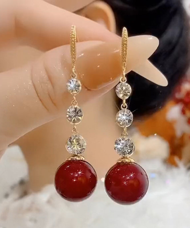 Art Red Sterling Silver Overgild Pearl Zircon Ball Drop Earrings