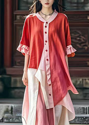 Art Red V Neck Asymmetrical Patchwork Maxi Dress Butterfly Sleeve