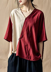 Art Red V Neck Button Patchwork Cotton Blouses Summer