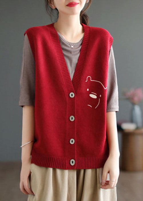 Art Red V Neck Cartoon Jacquard Knit Vest Tops Winter