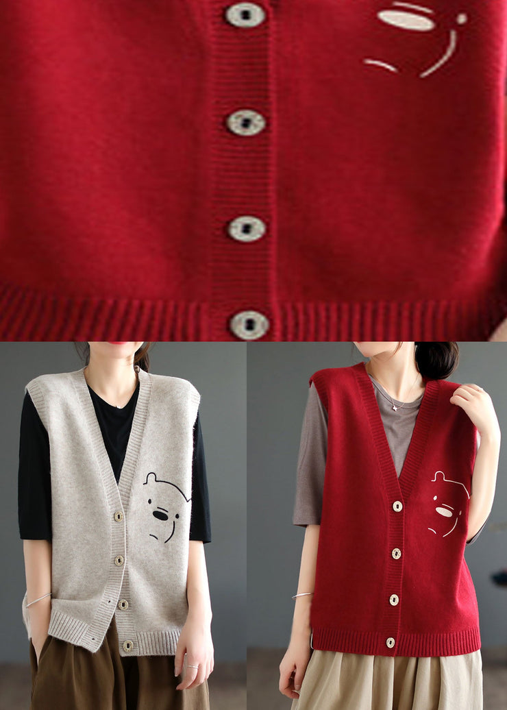 Art Red V Neck Cartoon Jacquard Knit Vest Tops Winter