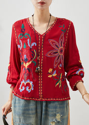 Art Red V Neck Embroidered Linen Blouses Spring