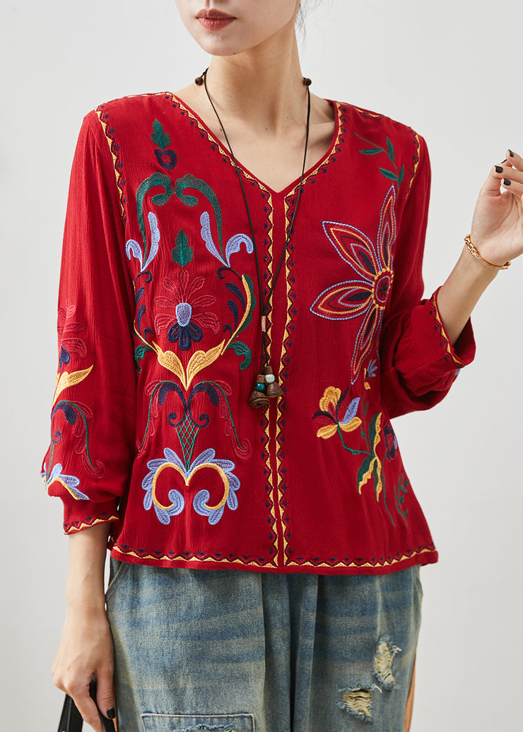 Art Red V Neck Embroidered Linen Blouses Spring