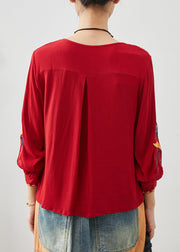 Art Red V Neck Embroidered Linen Blouses Spring