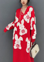 Art Red V Neck Oversized Rabbit Jacquard Knit Sweater Dress Winter