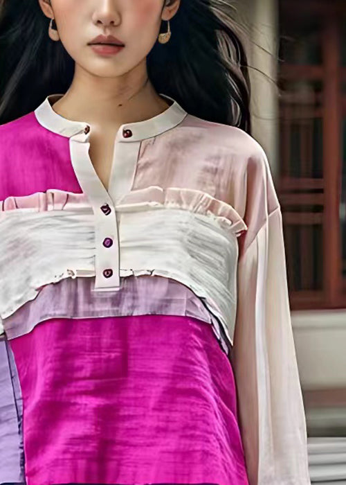 Art Rose Button Ruffled Patchwork Cotton Shirt Long Sleeve