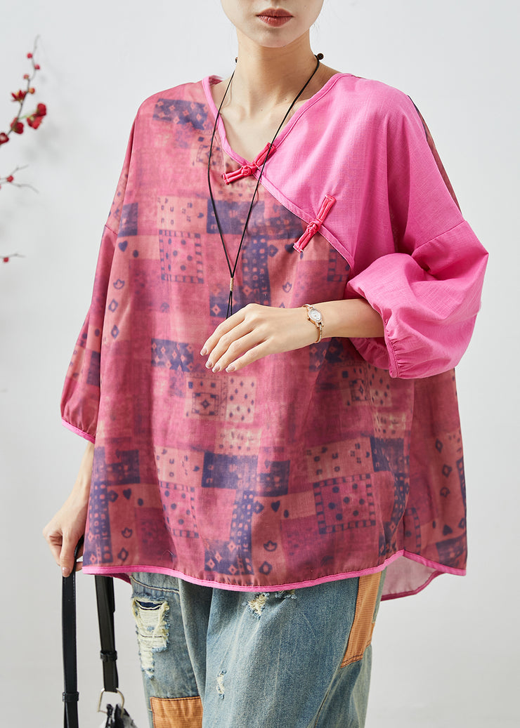 Art Rose Oversized Patchwork Chinese Button Linen Blouses Spring