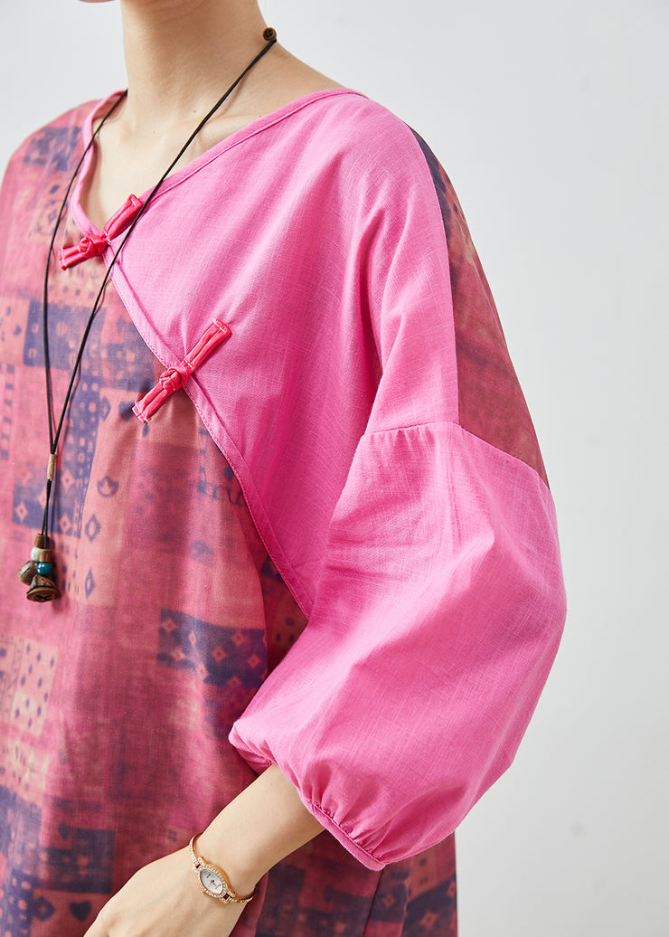 Art Rose Oversized Patchwork Chinese Button Linen Blouses Spring