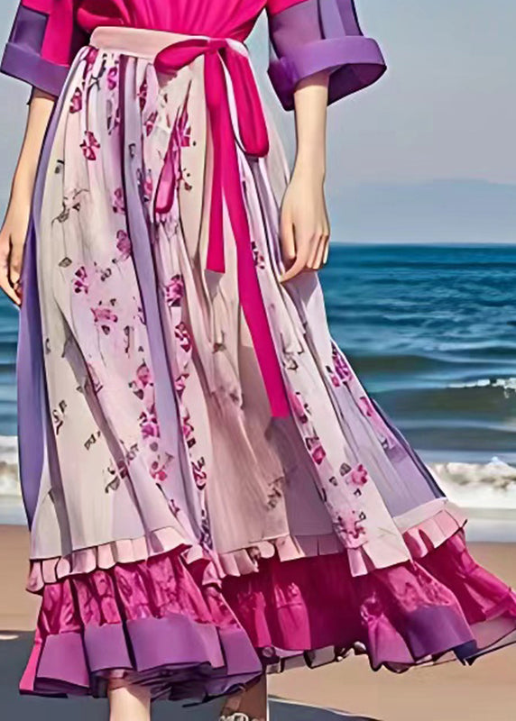 Art Rose Patchwork Tie Waist Chiffon Long Dress Summer