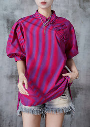 Art Rose Striped Chinese Button Cotton Blouses Puff Sleeve