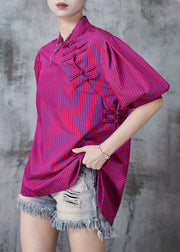 Art Rose Striped Chinese Button Cotton Blouses Puff Sleeve