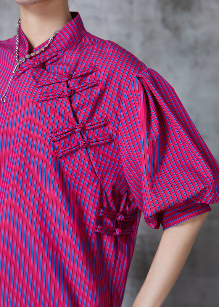 Art Rose Striped Chinese Button Cotton Blouses Puff Sleeve