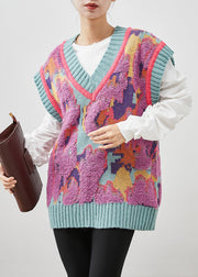 Art Rose V Neck Jacquard Warm Knit Vest Winter