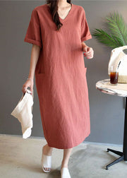 Art Rust V Neck Pockets Patchwork Linen Dresses Summer