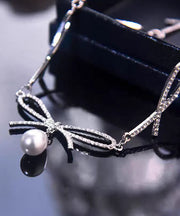 Art Silk Stainless Steel Zircon Bow Pearl Pendant Necklace