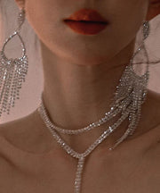 Art Silk Sterling Silver Zircon Water Drop Tassel Drop Earrings