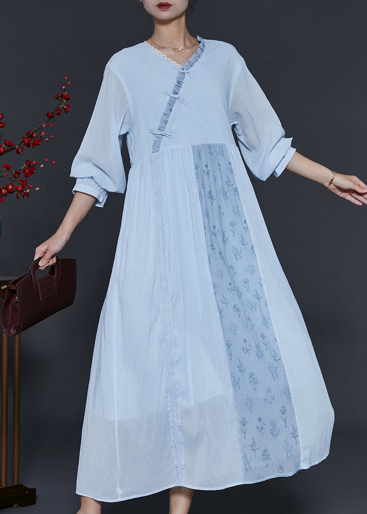 Art Sky Blue Asymmetrical Patchwork Cotton Oriental Dresses Summer