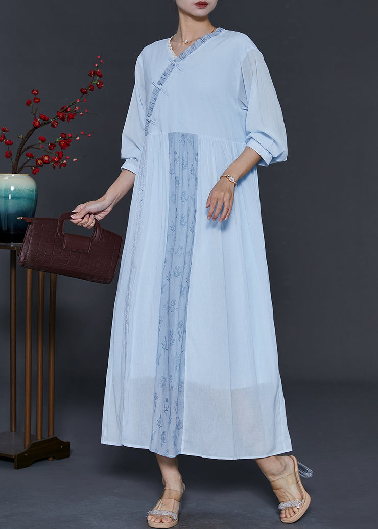 Art Sky Blue Asymmetrical Patchwork Cotton Oriental Dresses Summer