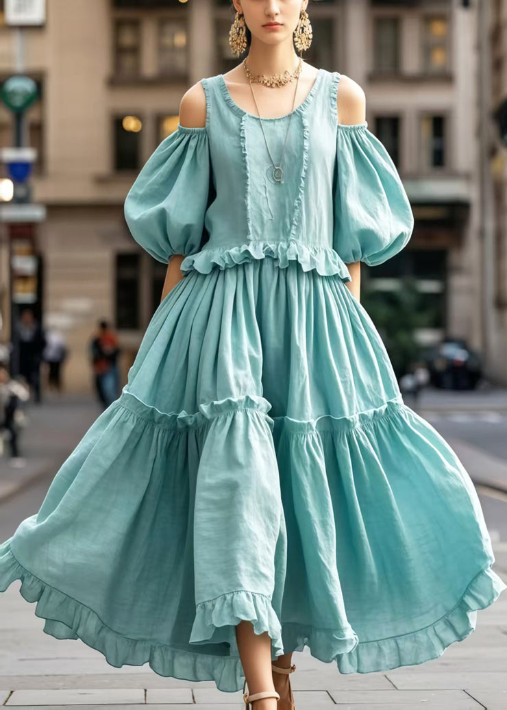 Art Sky Blue Cold Shoulder Cotton Holiday Dress Lantern Sleeve