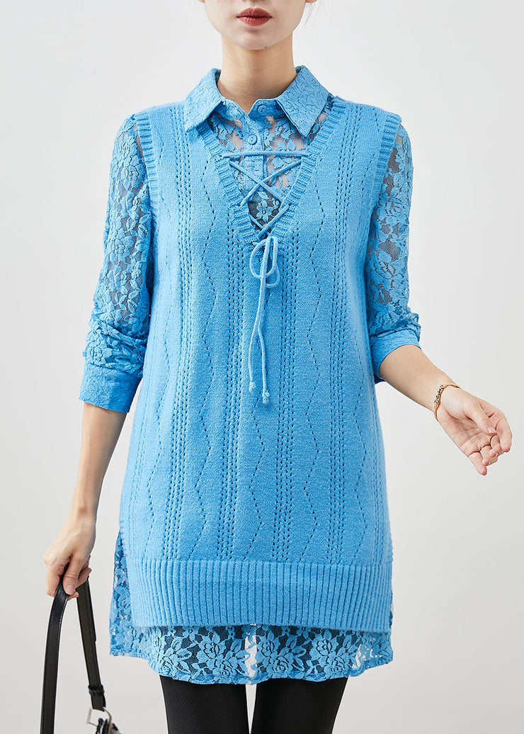 Art Sky Blue Lace Up Knit Vest Dress Two Piece Set Women Clothing Spring