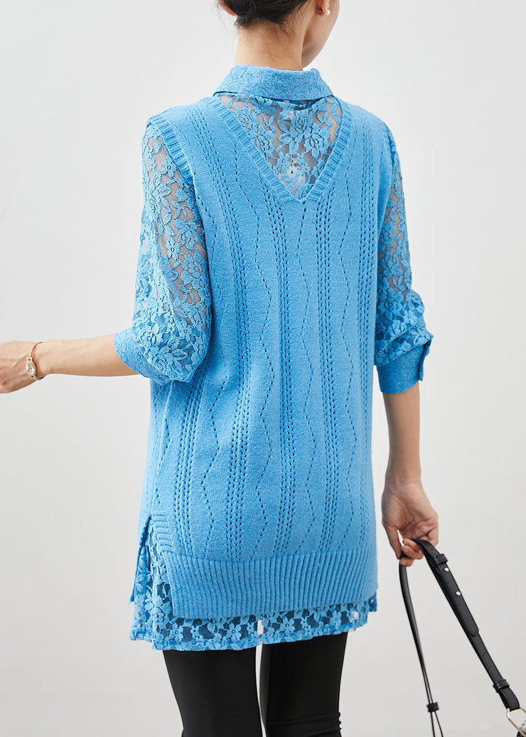 Art Sky Blue Lace Up Knit Vest Dress Two Piece Set Women Clothing Spring