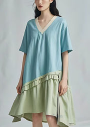 Art Sky Blue Oversized Patchwork Cotton Vacation Dresses Summer