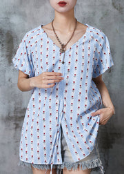 Art Sky Blue Print Drawstring Side Open Cotton Shirt Tops Summer