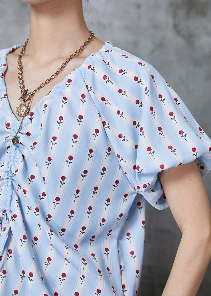 Art Sky Blue Print Drawstring Side Open Cotton Shirt Tops Summer