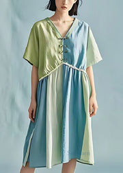 Art Sky Blue V Neck Patchwork Chinese Button Cotton Dress Summer