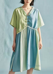 Art Sky Blue V Neck Patchwork Chinese Button Cotton Dress Summer